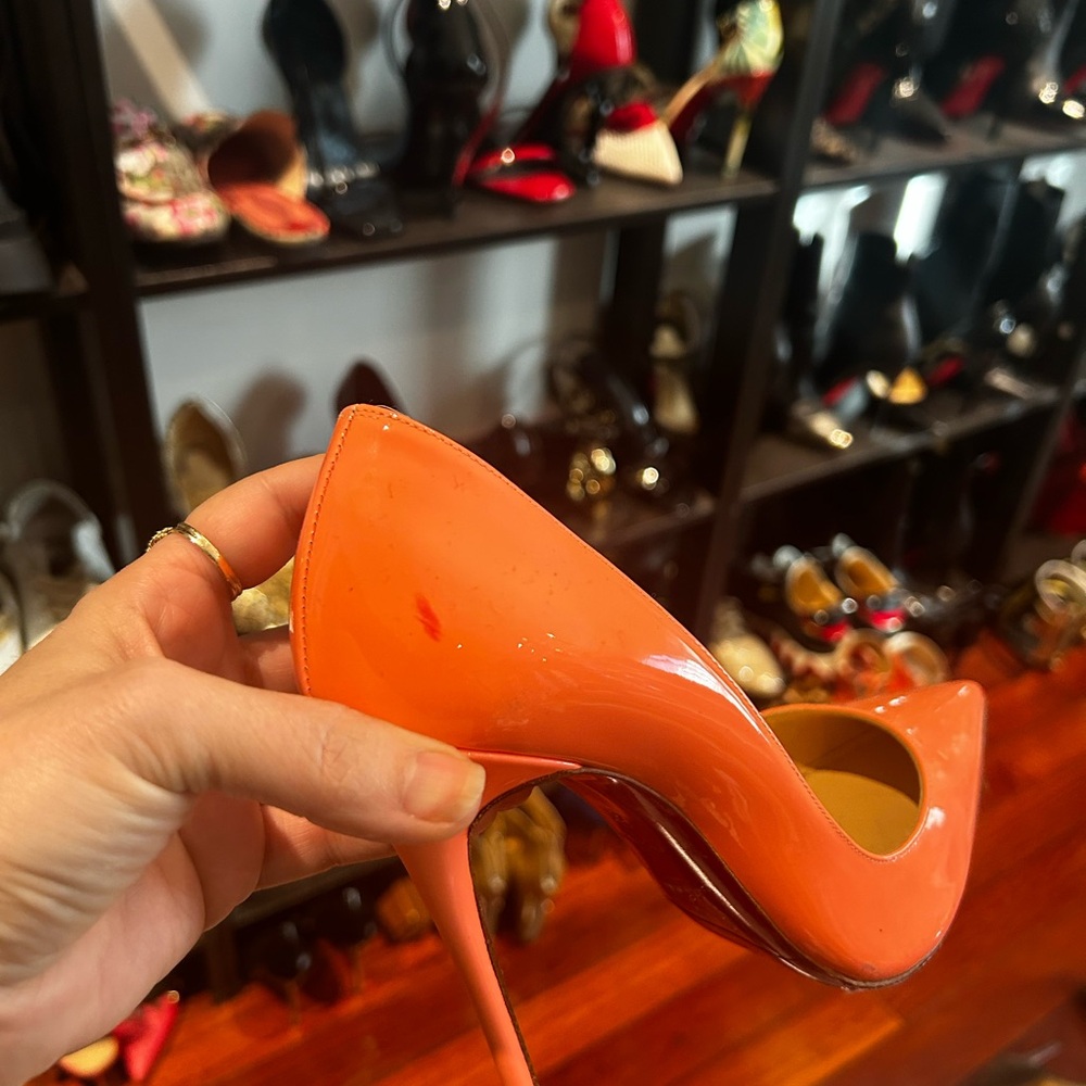 Christian Louboutin Patent Leather Pointed-Toe Pumps in Coral - Picture 8 of 9